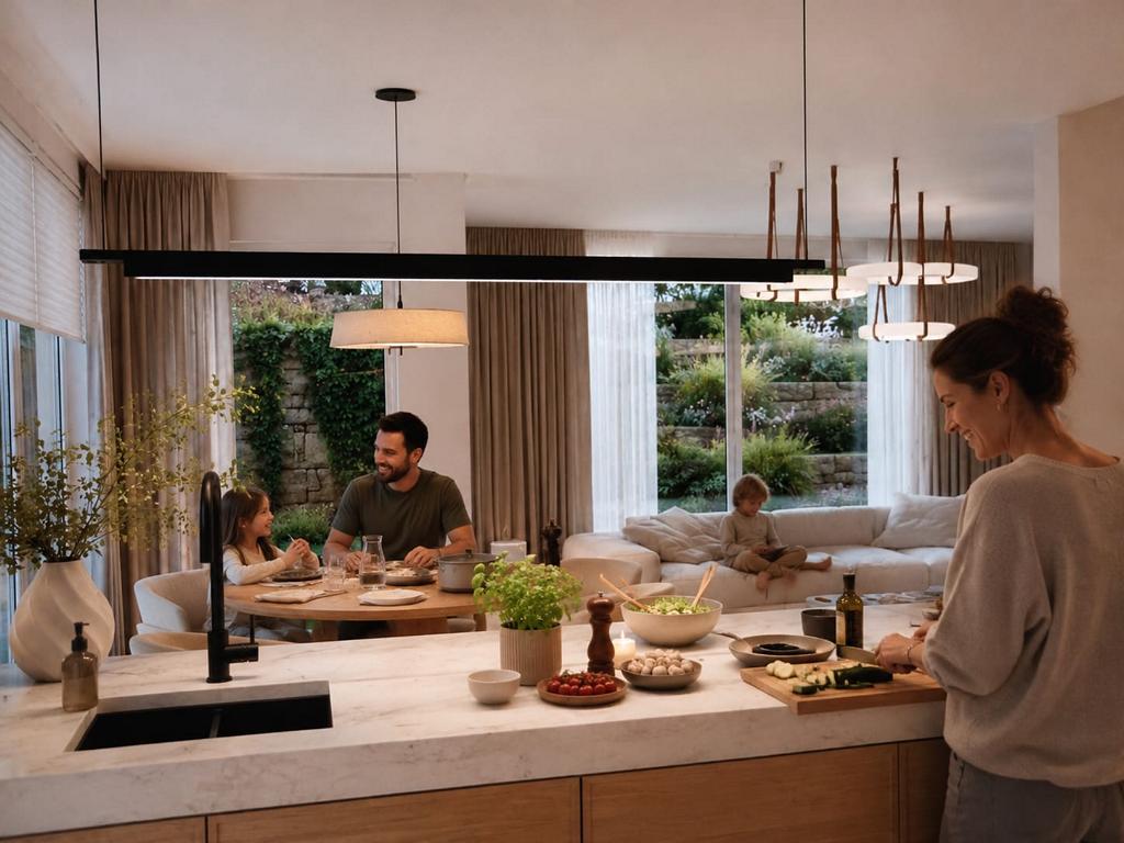 Durchdachte Raumaufteilung für gemeinsames Kochen, Leben und Wohlfühlen im Alltag.