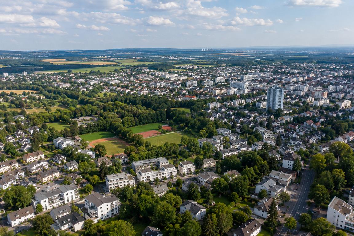 Luftaufnahme von Bad Nauheim mit moderner Wohnlage und grüner Umgebung